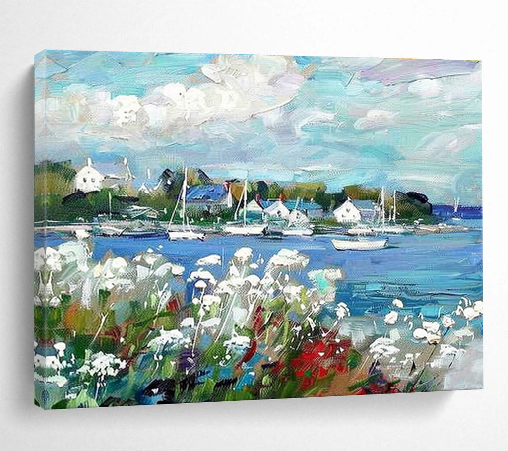 “Impressionistic Coastal Village” - Lively Seascape Painting On Canvas DKS450