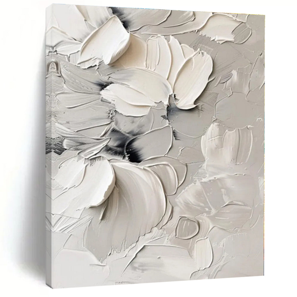 “White - Gray Textured Florals” - White, Gray Abstract Painting On Canvas PS0517