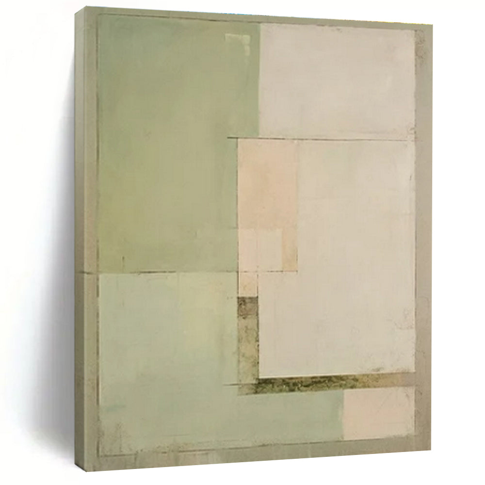 Green, Beige, White with Subtle Shapes "Quiet Geometry" Abstract Painting On Canvas PS1443
