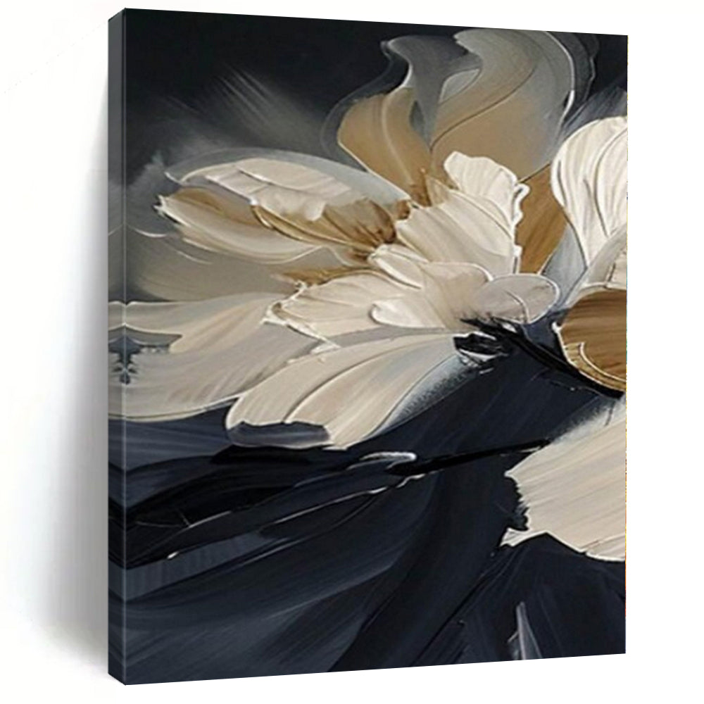 Cream and Black Floral "Elegant Blossoms" Impasto Flower Painting On Canvas PS1091