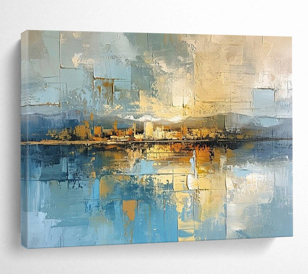 “Blue - Gold Abstract Cityscape” - Reflective Blue “Urban Reflections” Painting On Canvas PT1640