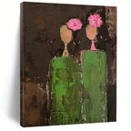 “Dark Green and Pink Abstract Figures” - Primitive Abstract Painting On Canvas PT2242