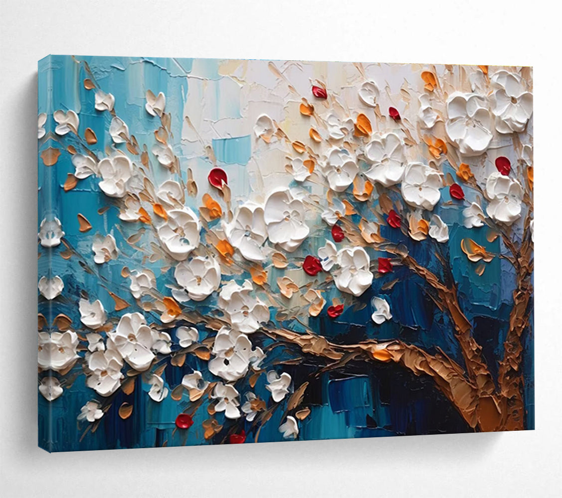 “White Flowers on Blue” - Impasto Oil Painting On Canvas DKS888