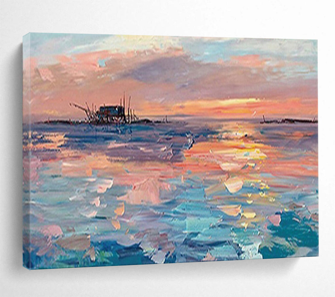 “Sunset Fishing Village” - Impressionistic Seaside Painting On Canvas PT205