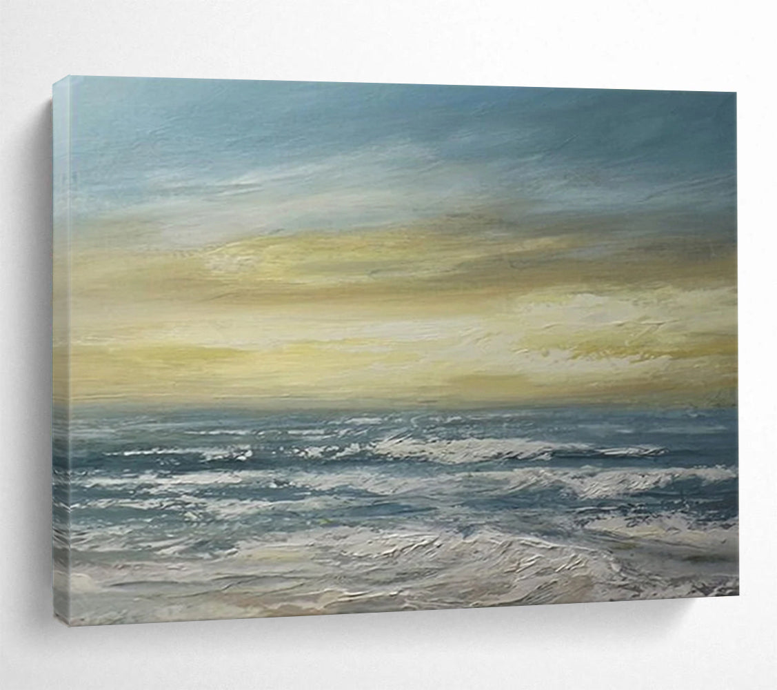 “Vibrant Coastal Sunset in Blues, Yellows & Whites” - Impressionistic Seaside Oil Painting On Canvas PT033