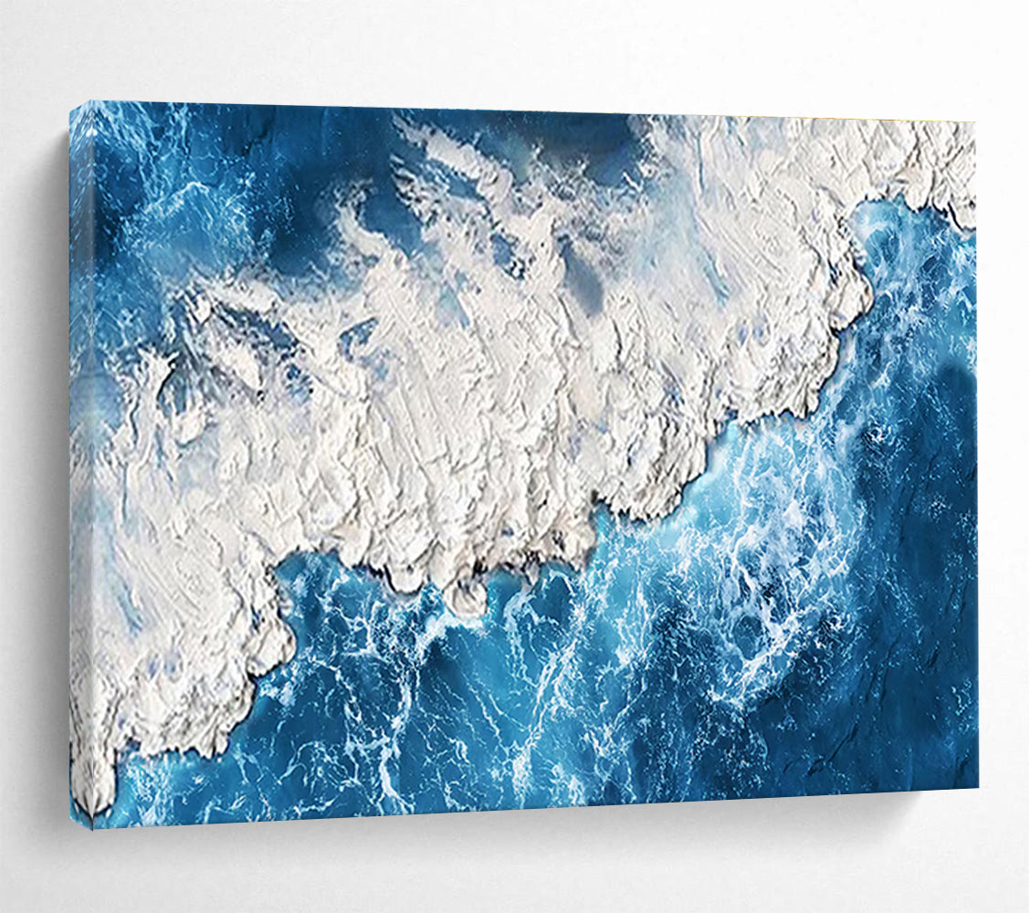 “Textured Blue Coast” - Blue, White & Gray Seascape, Impasto Oil Painting On Canvas DKS785