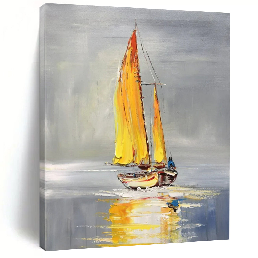 “Yellow - Sailed Boat on Calm Water” - Impressionistic Oil Painting On Canvas PT2198
