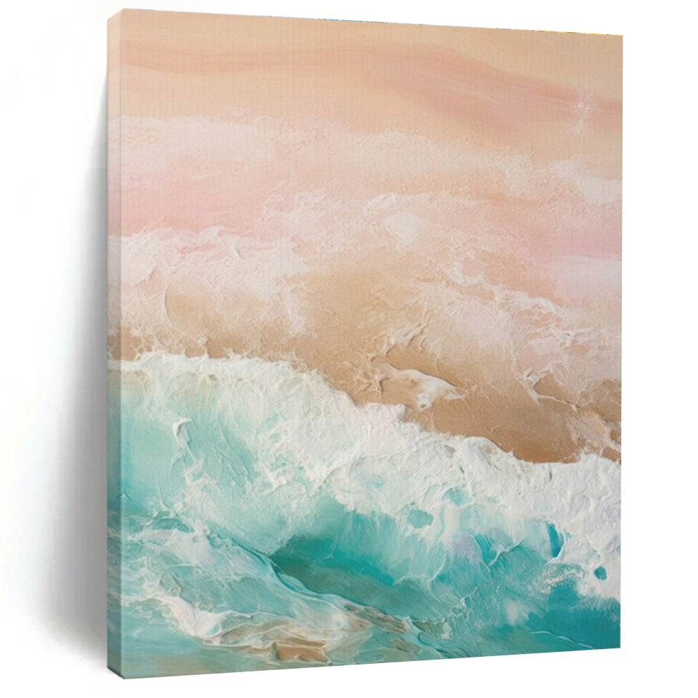 “Pastel Sea Waves” - Pink, Peach, Turquoise, White Abstract Seascape Painting On Canvas PS0751