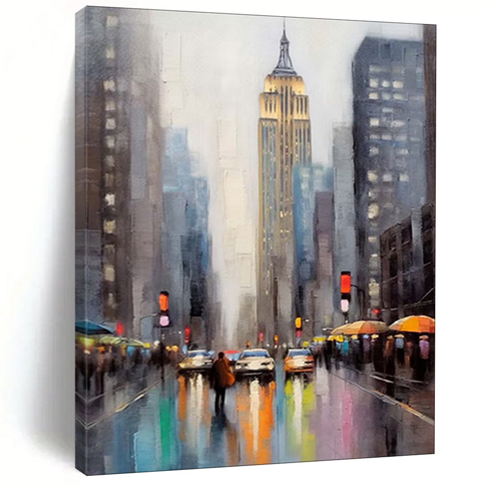 “Moody Impasto City Street with Iconic Building” - Impasto Cityscape Painting On Canvas PT1912