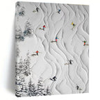 White, Colorful Figures with Textured Snow "Ski Slope Fun" Textured Painting On Canvas PS1401