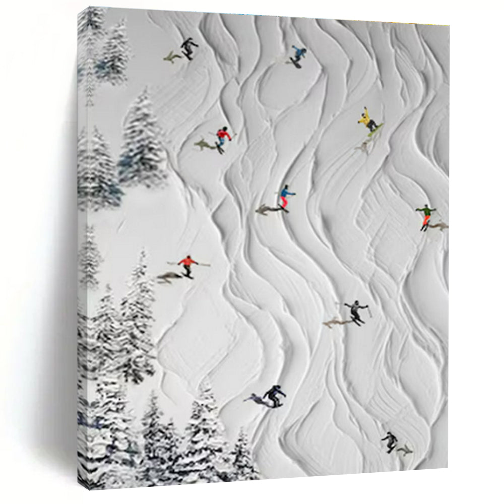 White, Colorful Figures with Textured Snow "Ski Slope Fun" Textured Painting On Canvas PS1401