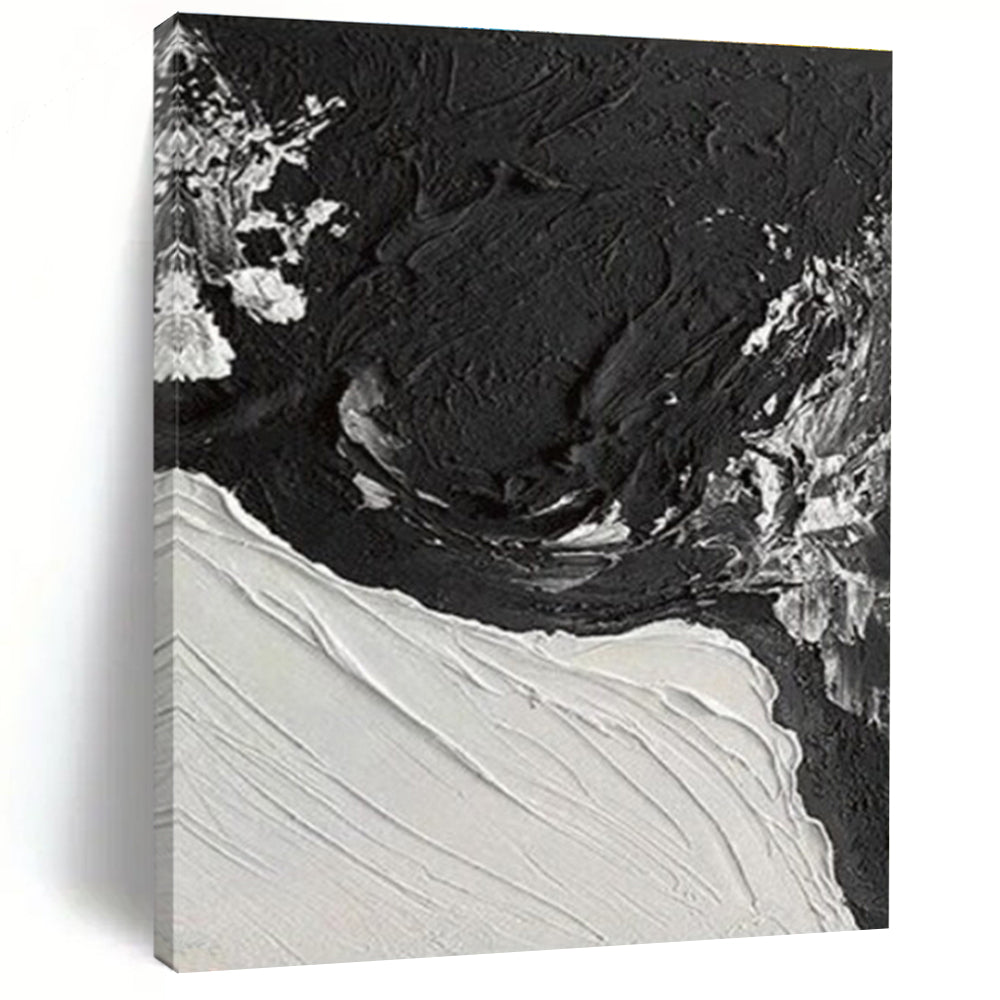 “Black - White Textured Waves” - Black, White Abstract Impasto Painting On Canvas PS0735