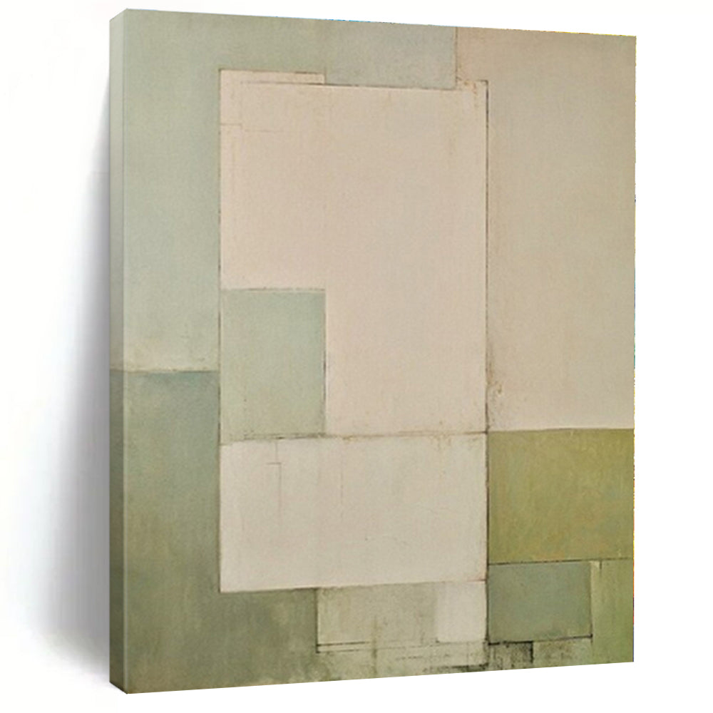 “Pale Green Geometry” - Pale Green, Beige Abstract Geometric Painting On Canvas PS0399