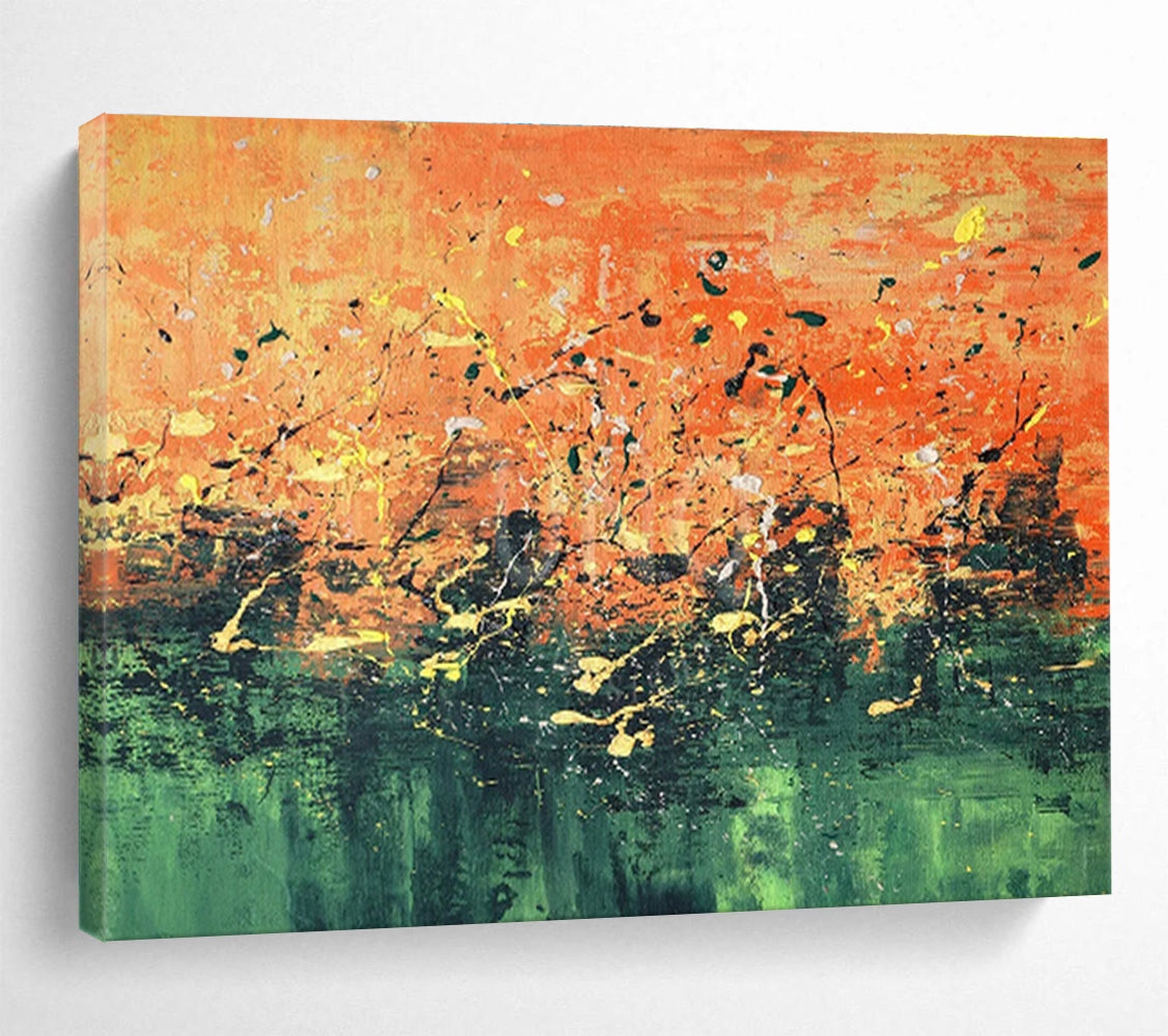 Orange and Green Splattered Abstract Abstract Expressionist Painting On Canvas DKS155
