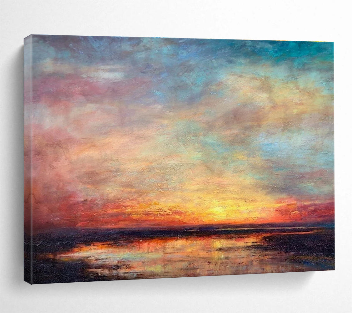 “Vibrant Sunset Reflection” - Blue, Pink & Orange Seascape, Expressive Oil Painting On Canvas DKS776