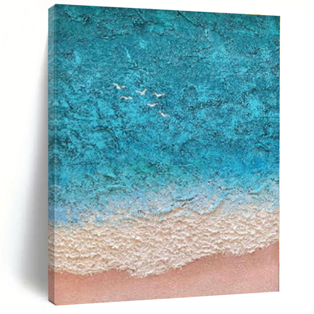 “Turquoise - Beige Seaside Aerial” - Turquoise, Beige, White Abstract Aerial Seaside Painting On Canvas PS0563