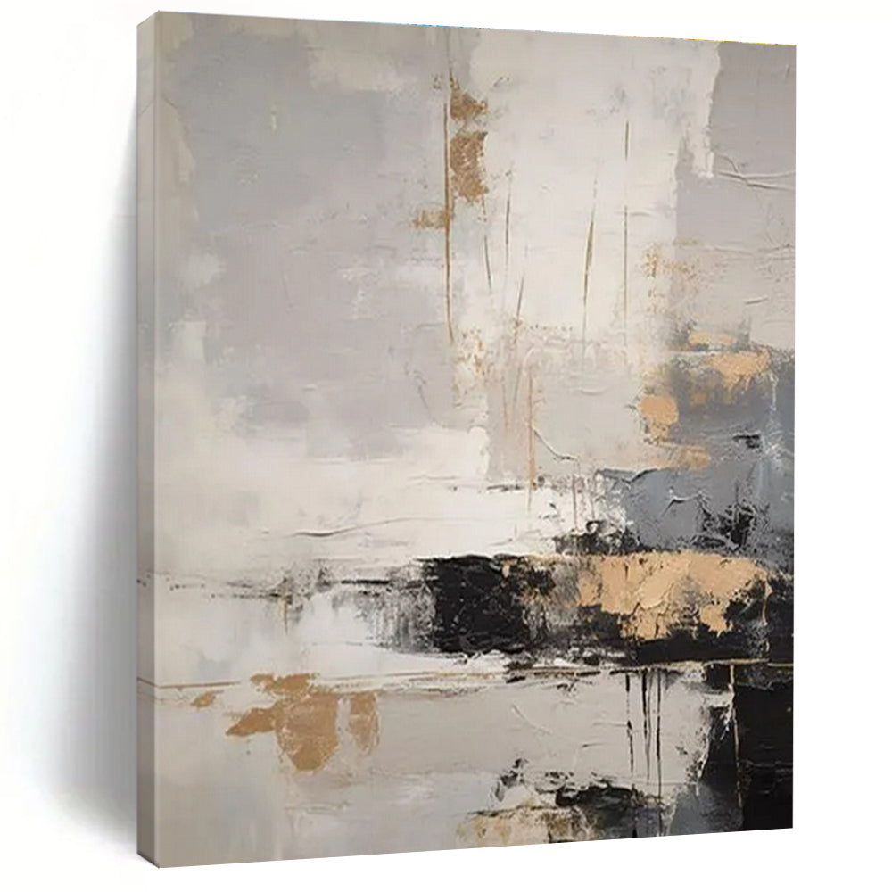 Gray, White & Gold Abstract Drips "City Lights" Painting On Canvas PS0863