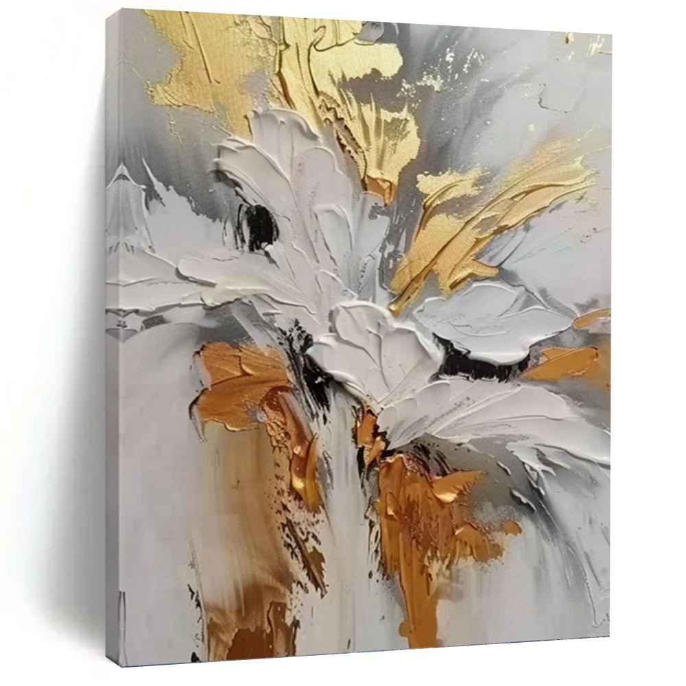 “Gold - Gray - White Floral Impasto” - Impressionist - Inspired Floral Painting On Canvas PT1386