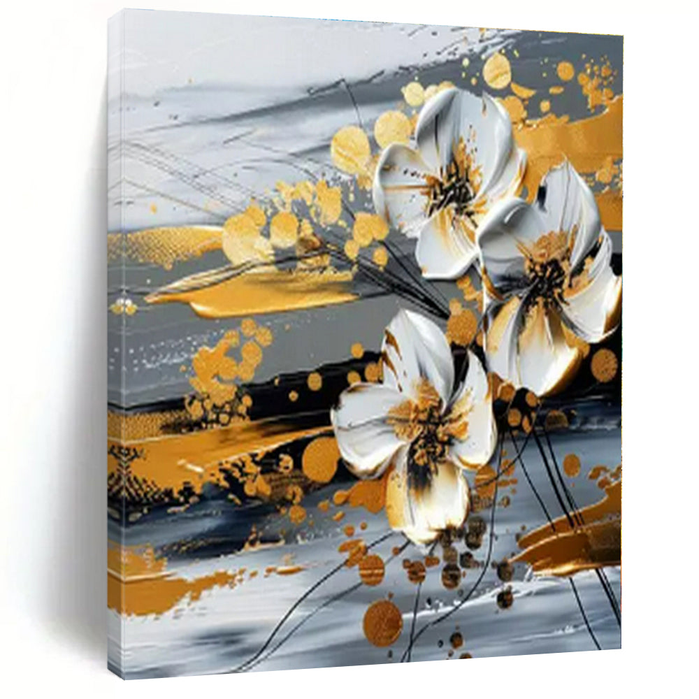 White, Gold, Gray with Textured Flowers "Gilded Blossom" Floral Painting On Canvas PS1254