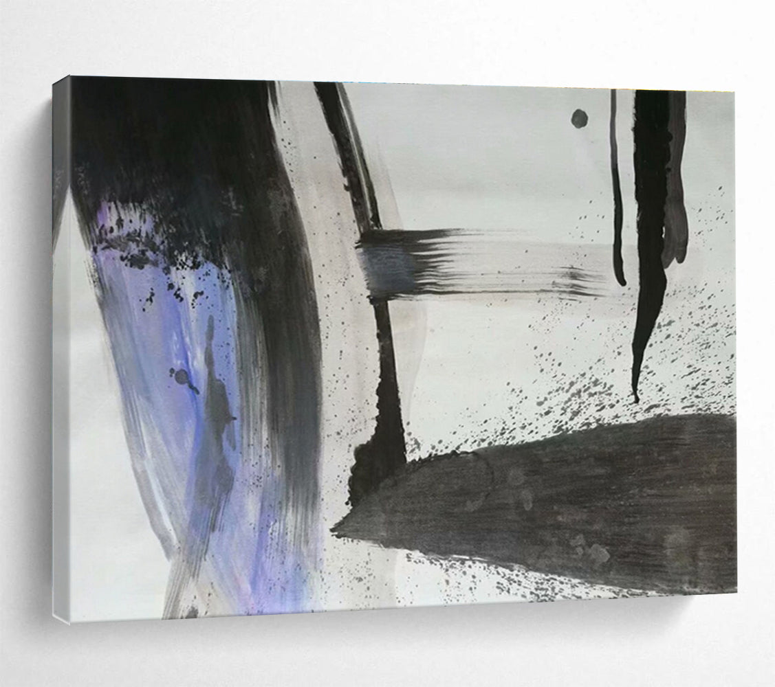 “Black, Gray, and Purple Abstract” - Abstract Ink Painting On Canvas DKS852
