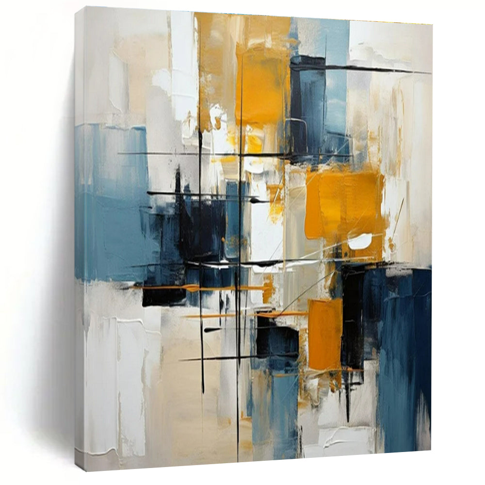 Blue, Yellow, Black, White with Dynamic Strokes "Urban Pulse" Abstract Painting On Canvas PS1452