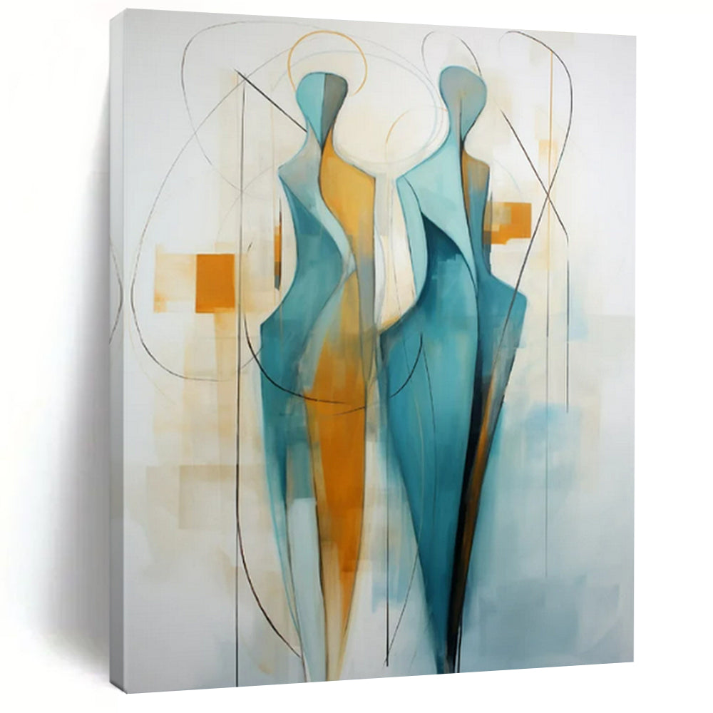 “Teal and Orange Abstract Figures” - Minimalist Abstract Painting On Canvas PT2234