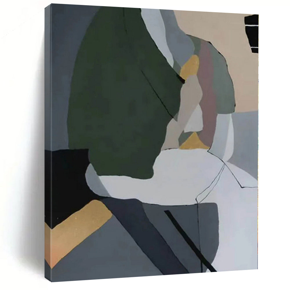 “Green - Grey - White Abstract Geometric Forms” - Subtle Abstract Painting On Canvas PS0350