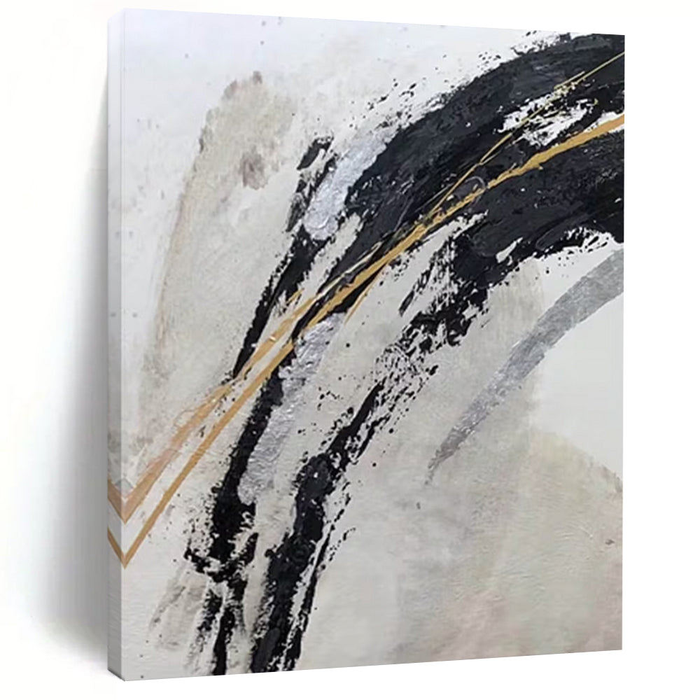 “Black, Gold & Silver Abstract” - Dramatic Contrast with Metallic Shimmers Painting On Canvas DS249