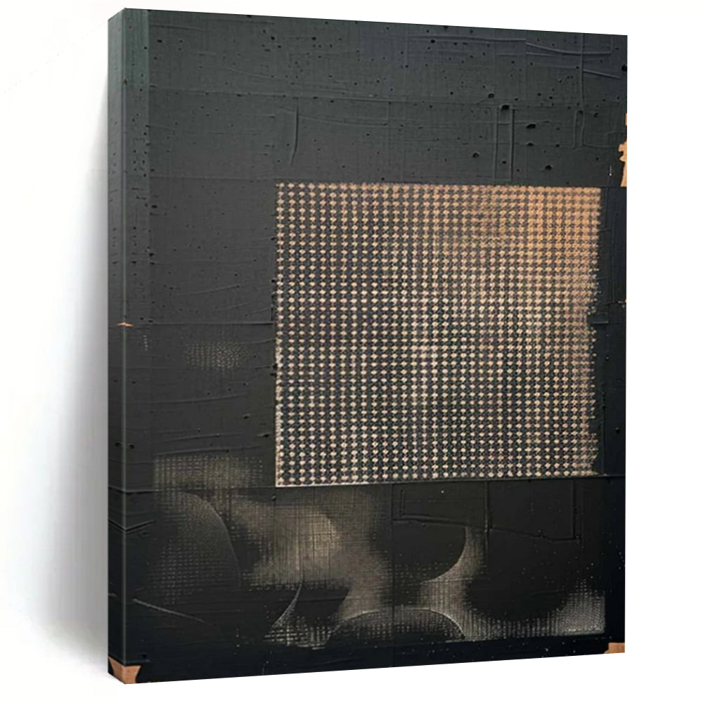 “Black & Gold Grid Abstract” - Geometric Abstract Painting On Canvas DS306
