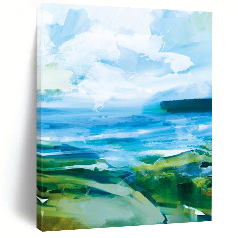 “Vibrant Coastal Abstraction” - Bold Blues & Greens Seascapes Painting On Canvas DS183