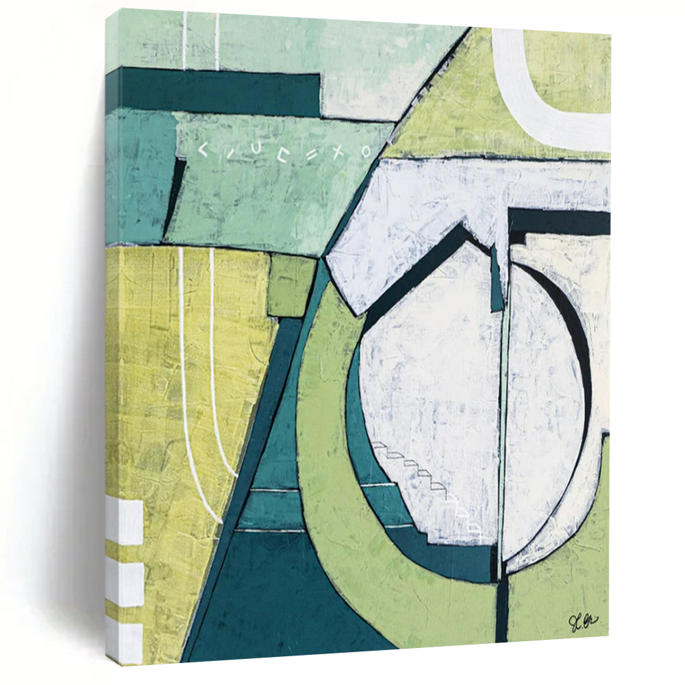 “Green and White Geometric Precision” - Geometric Abstract Painting On Canvas PT2375