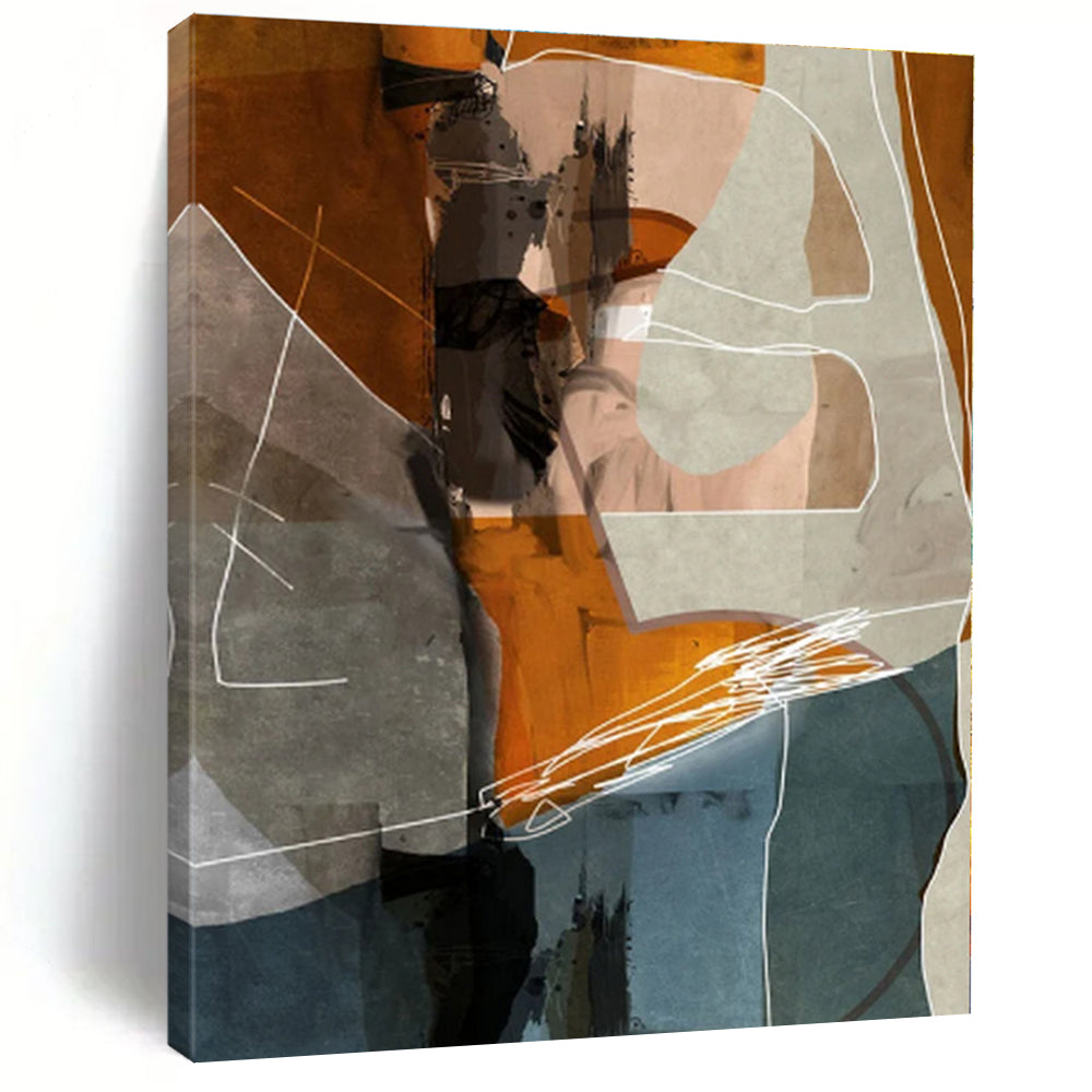 “Orange - Gray Geometric Collage” - Orange, Gray, Blue Abstract Geometric Painting On Canvas PS0567