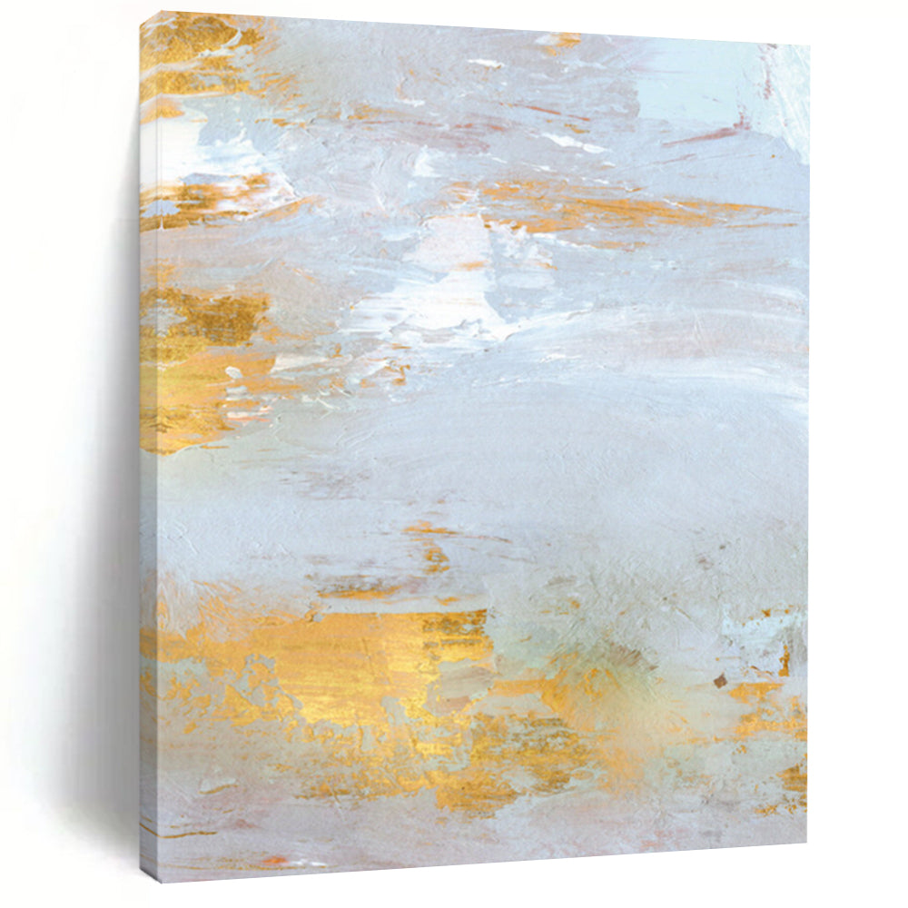 “Gold - Accented Coastal” - Light Gray & Shimmering Gold Seascapes Painting On Canvas DS160