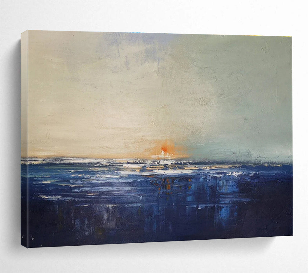 Sunset on Blue: Blue, Gray & Orange Abstract Landscape Painting for Beach House & Art - Inspired Library DKS650