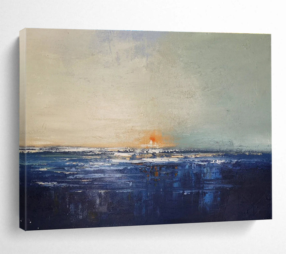 Sunset on Blue: Blue, Gray & Orange Abstract Landscape Painting for Beach House & Art - Inspired Library DKS650