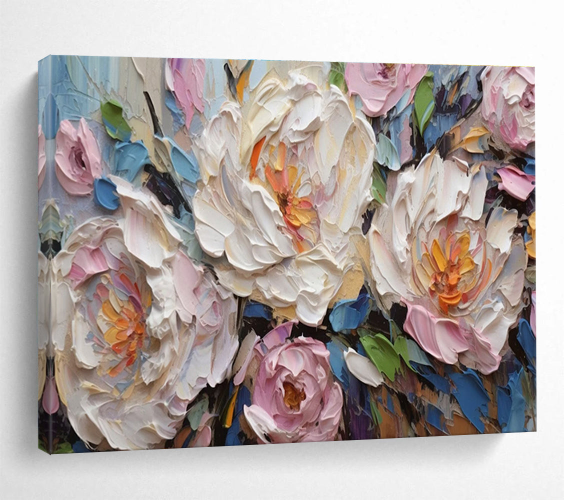 “White and Pink Peonies with Blue Accents” - Impasto Oil Painting On Canvas DKS891