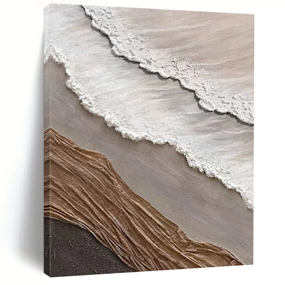 “White, Grey, and Brown Textured Wave Collage” - Mixed - Media Coastal Painting On Canvas DS344
