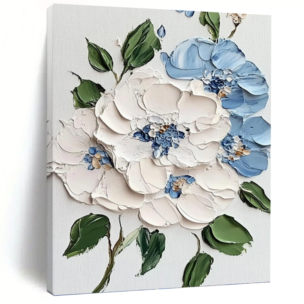 “Blue - White Floral 3D Relief” - Realist - Inspired Floral Painting On Canvas PT1387