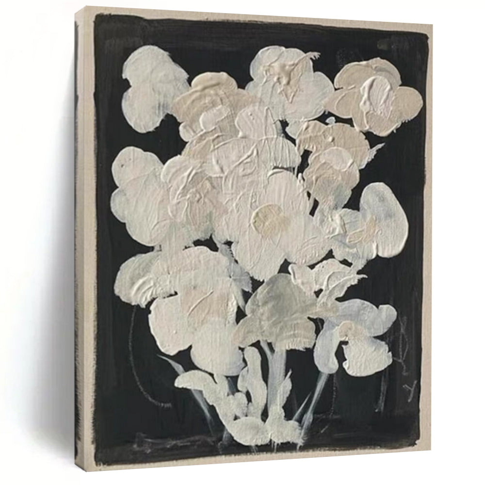 “White Blooms” - Minimalist Floral Textures on Black Painting On Canvas DS140