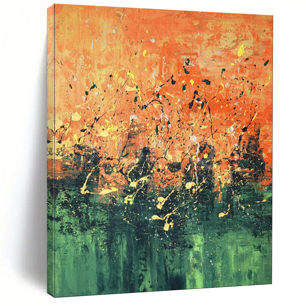 “Vibrant Orange and Green Abstract Splatter” - Abstract Expressionist Painting On Canvas PT1939