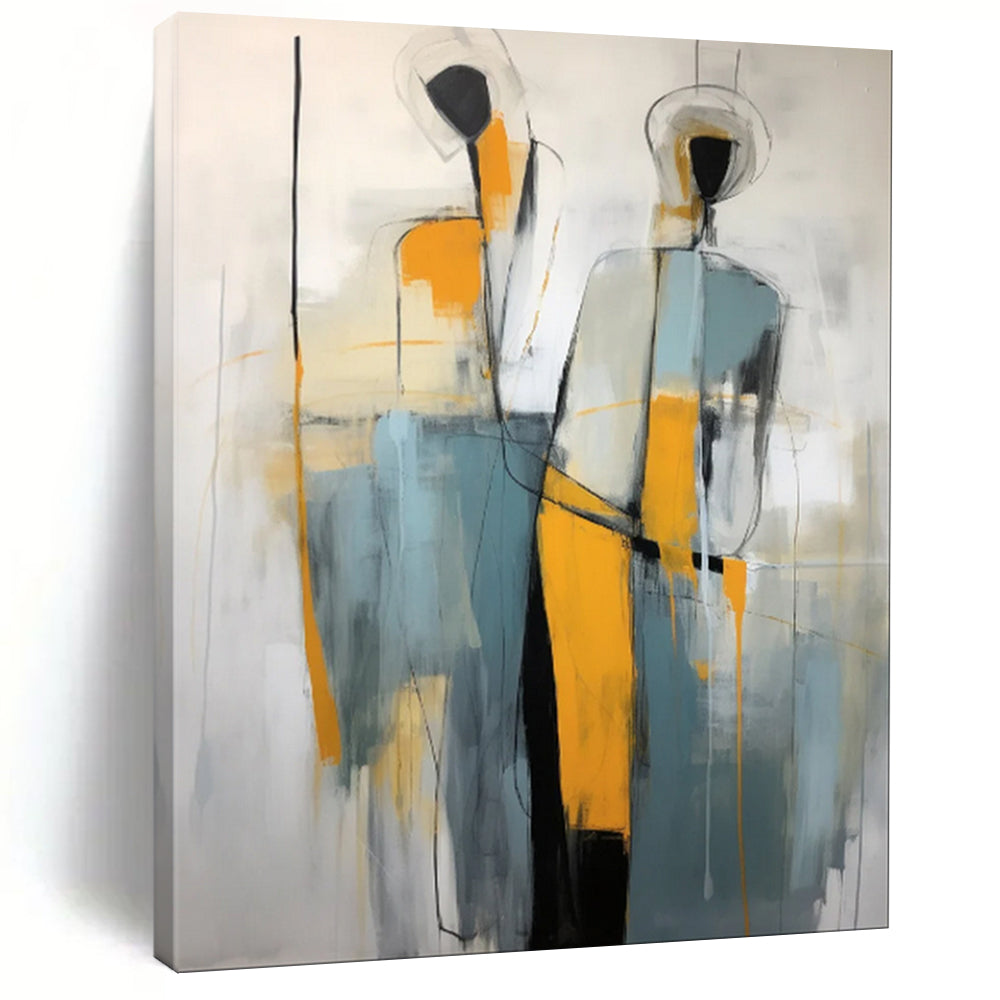 “Abstract Gray - Yellow Human Forms” - Figurative Abstract Painting On Canvas PT1880
