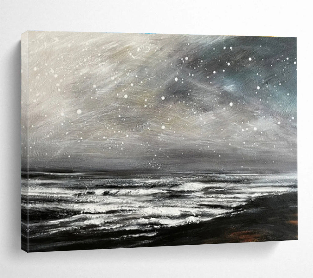Grey Sky with Snow Over Dark Sea Seascape Painting On Canvas DKS109