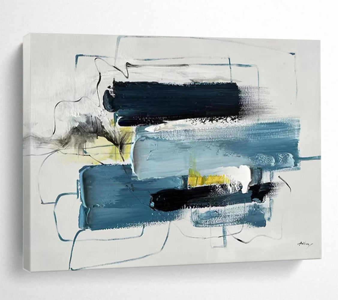 “Blue - Black Abstract Composition” - Modernist Abstract Painting On Canvas PT1561