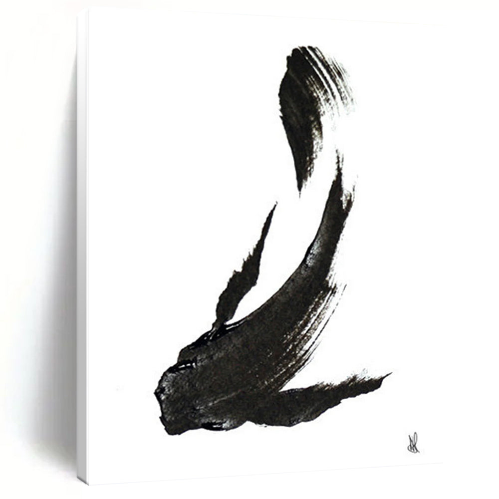 “Ink Fish Silhouette” - Bold Black Brushstrokes on White Canvas Painting On Canvas DS181
