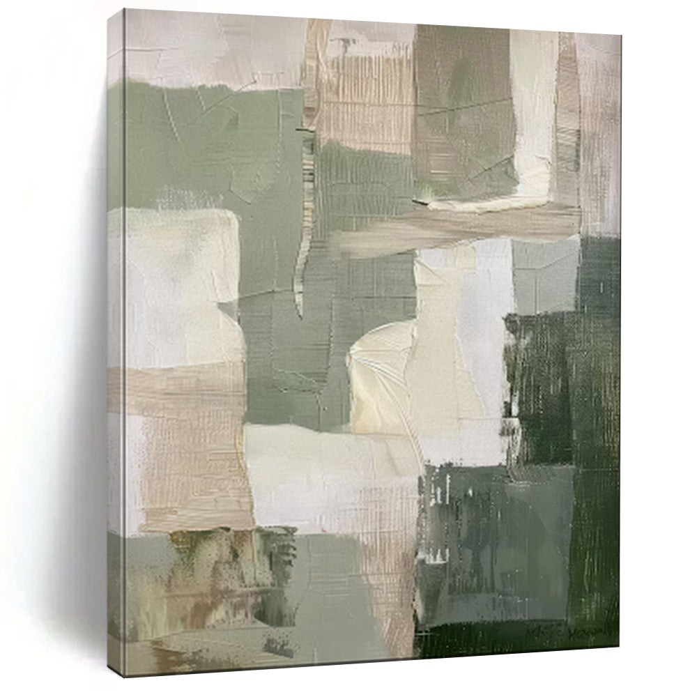 “Earthy Greens and Neutrals Abstract Blocks” - Abstract Painting On Canvas PT2053
