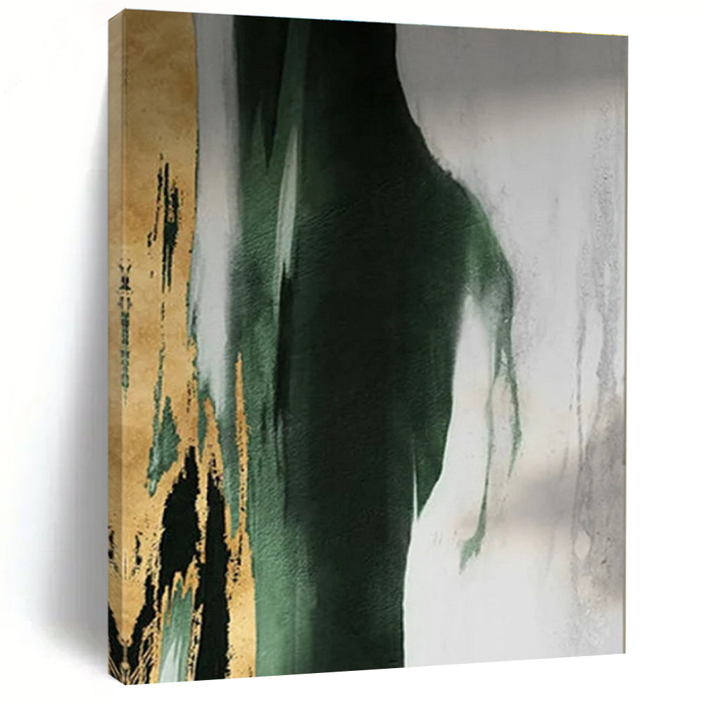 “Gold - Green Abstract Form” - Green, Gray, Gold, White Abstract Minimalist Painting On Canvas PS0640