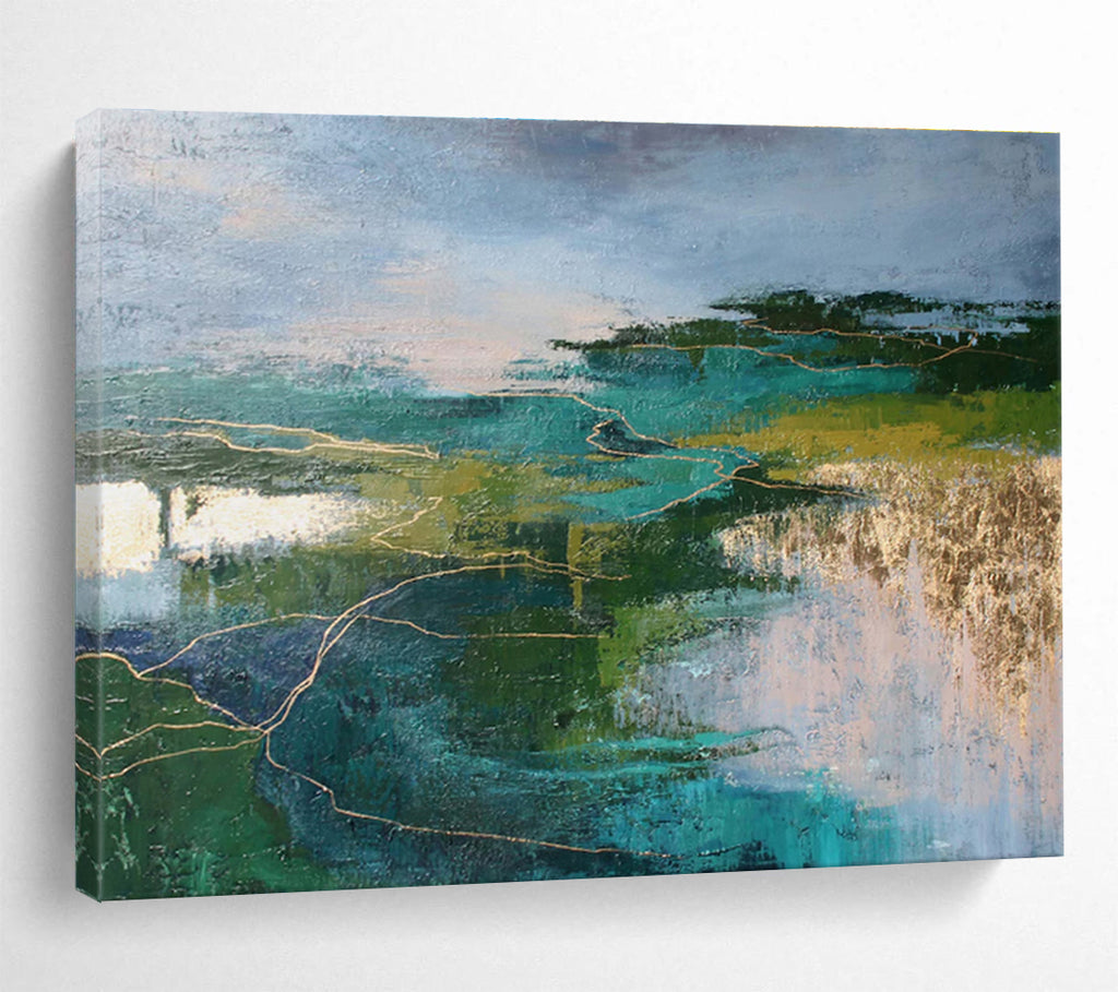 Teal and Green Abstract Landscape with Gold Lines Contemporary Abstract Painting On Canvas DKS127