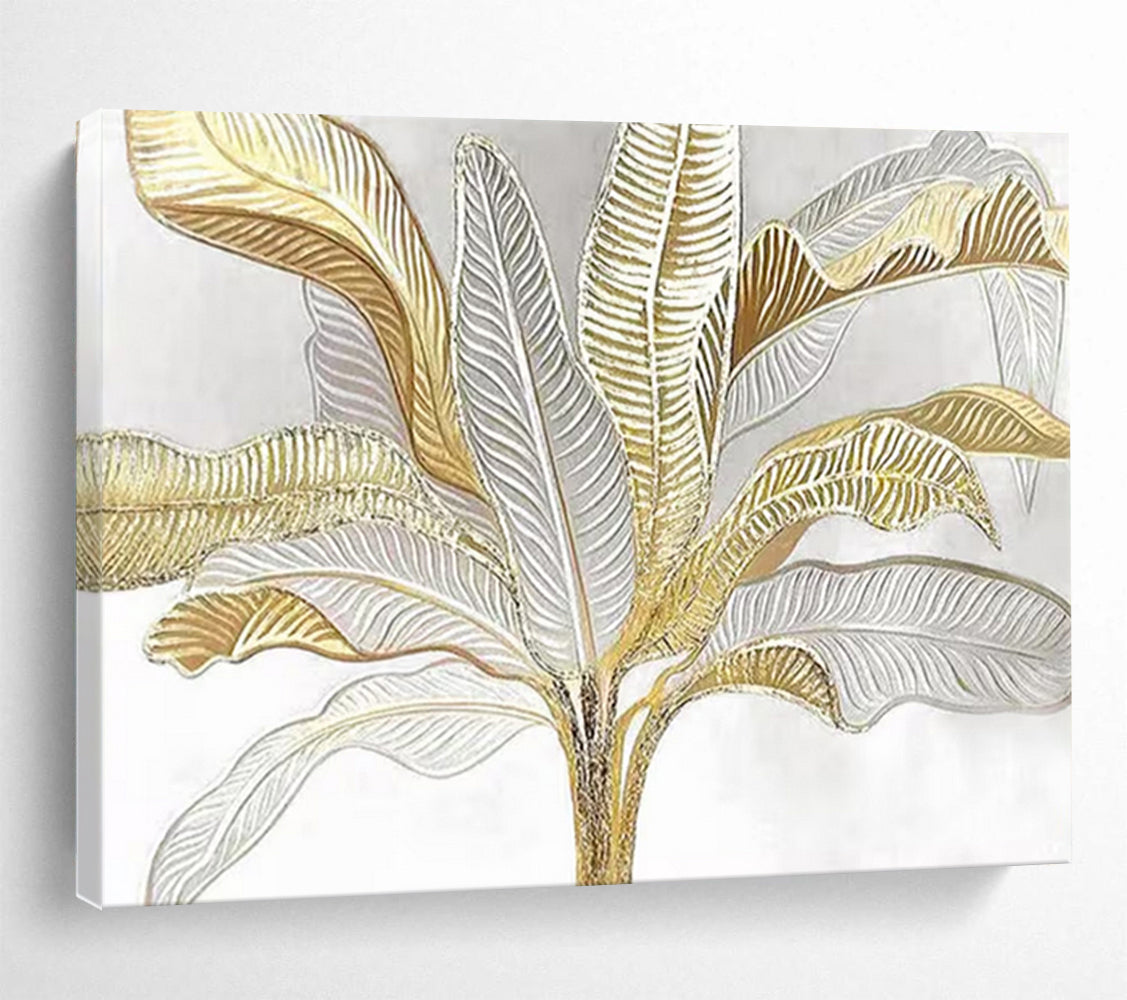 “Gold - Silver Tropical Foliage” - Elegant Botanical Painting On Canvas PT1560