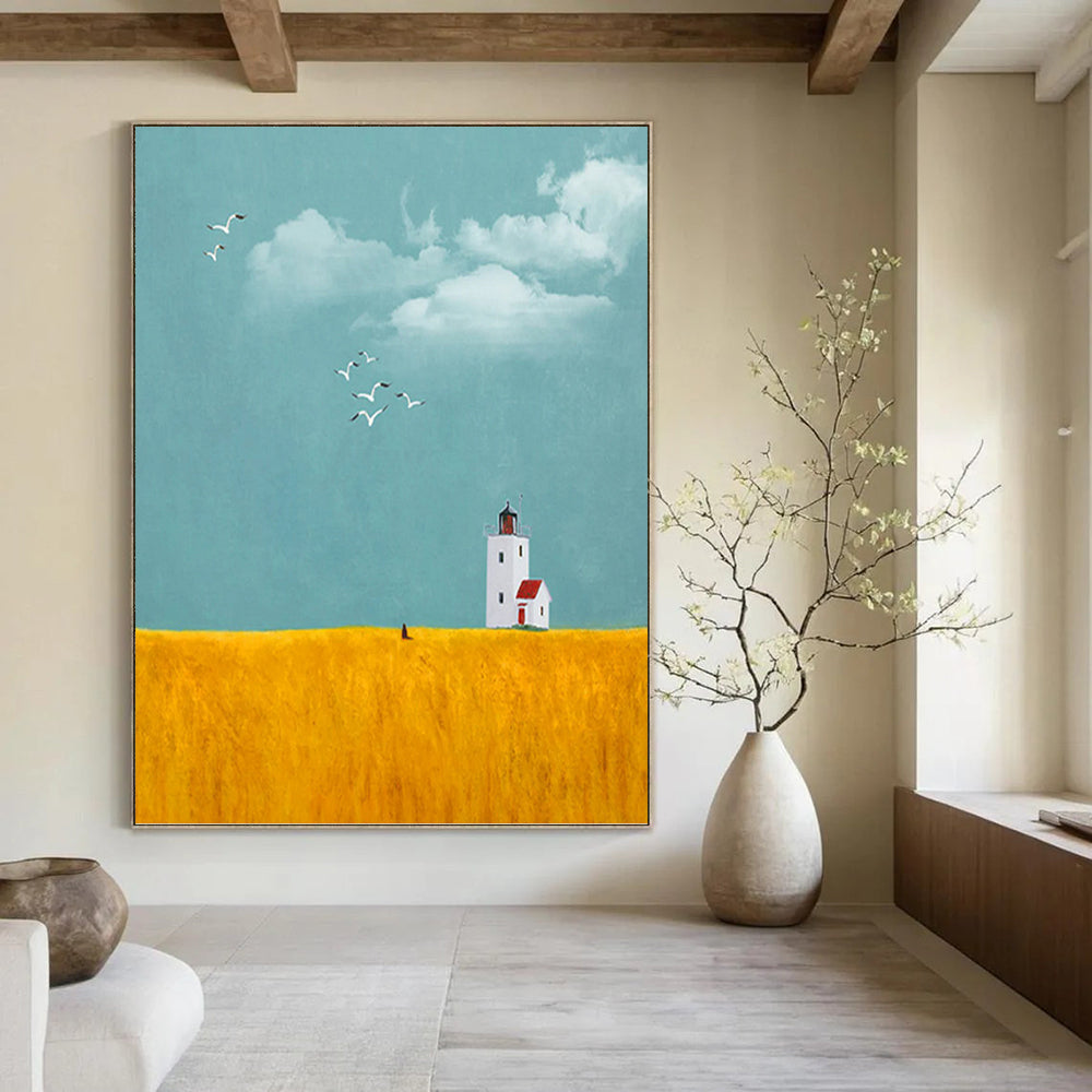 “Lighthouse in Yellow Field” - Minimalist - Inspired Landscape Painting On Canvas PT1429