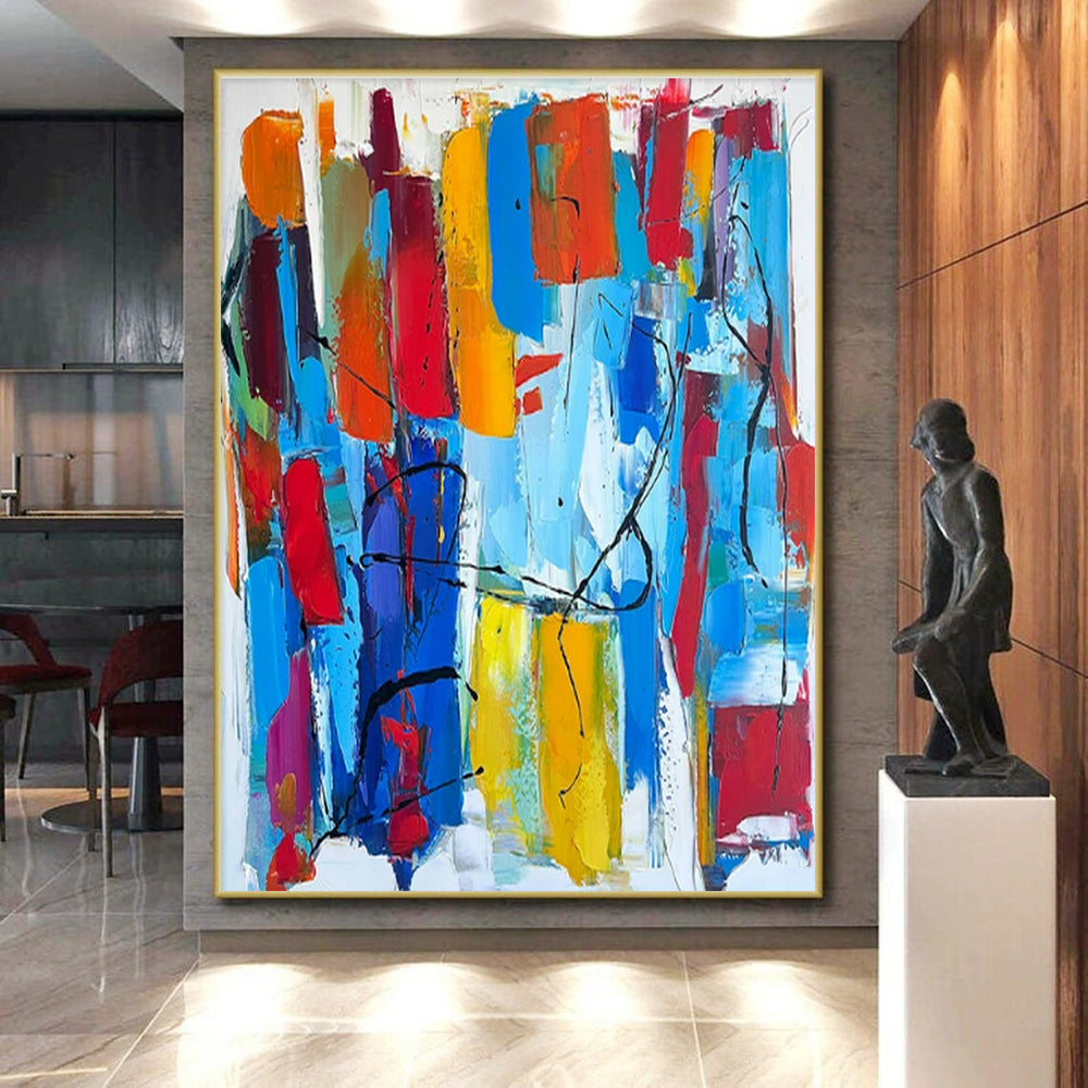 “Colorful Abstract Carnival” - Multicolor, Red, Blue, Yellow, Orange Abstract Expressionist Painting On Canvas PS0646